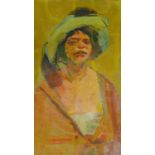 An oil on board, man in a robe and hat, gallery label verso, signed R. Jewell. 36x26cm