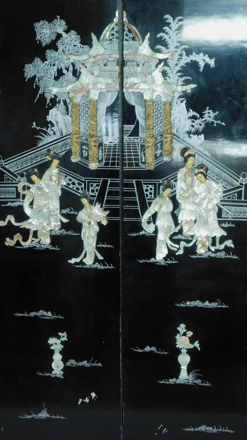 A Japanese black lacquered three fold and four panel screen with mother of pearl and bone inlay. - Image 3 of 23