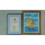 A framed pastel, ballerina and another of a sailing boat. 48x39cm