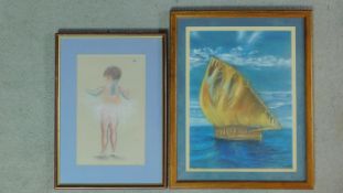 A framed pastel, ballerina and another of a sailing boat. 48x39cm