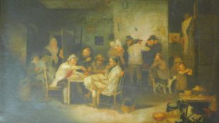 An early 19th century oak framed oil on canvas, tavern gathering, unsigned. 79x63cm