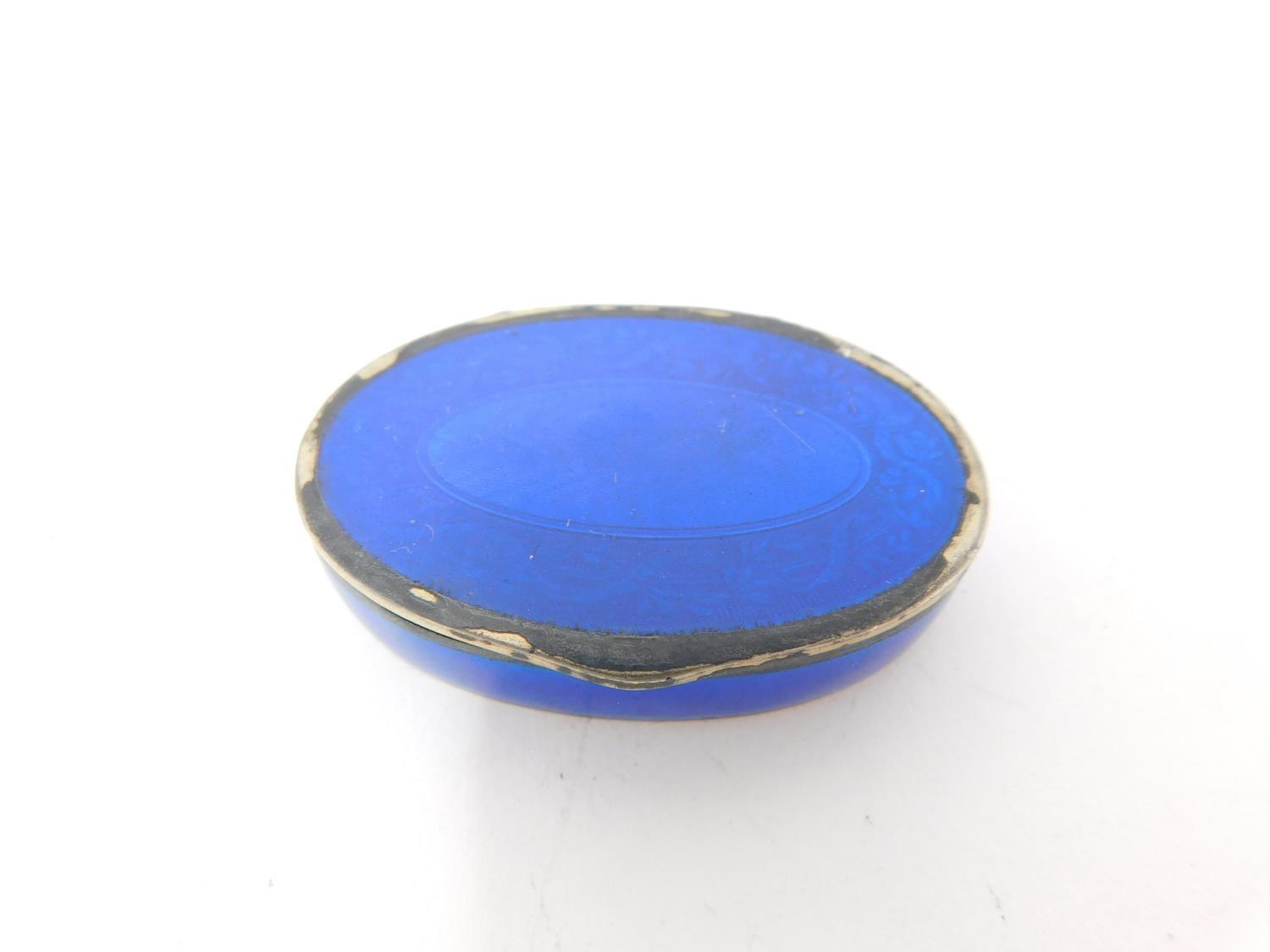 Two enamel boxes. One Continental silver royal blue guilloche enamel pill box with garland and - Image 6 of 15