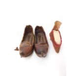 A pair of antique Turkish leather child's slippers along with an antique Chinese silk embroidered