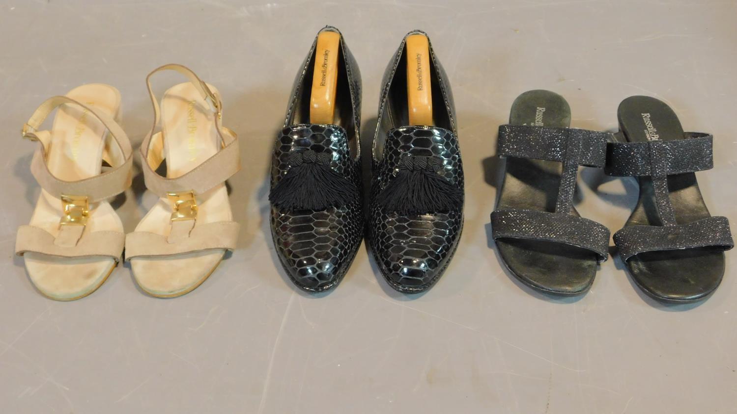 A miscellaneous collection of three pairs of Russell and Bromley lady's shoes, sizes 36 and 37.