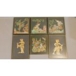 A set of four framed and glazed mixed media depicting Thai figures together with a pair of framed