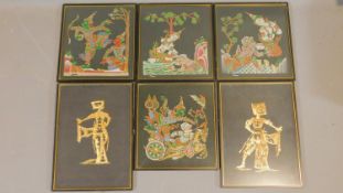 A set of four framed and glazed mixed media depicting Thai figures together with a pair of framed