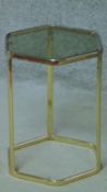A small contemporary brass framed hexagonal glass topped occasional table. H.45 L.35 W.32cm