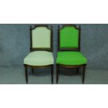 A pair of 19th century French walnut dining chairs in olive and shamrock green fabric painted