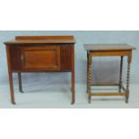 A mid 20th century oak occasional table and an mahogany side cabinet. H.83 W.84 D.45cm (largest)