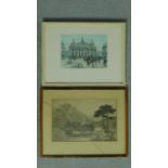 Two framed and glazed etchings, Parisian Scenes, by Eugene Veder and a river scene, unsigned.
