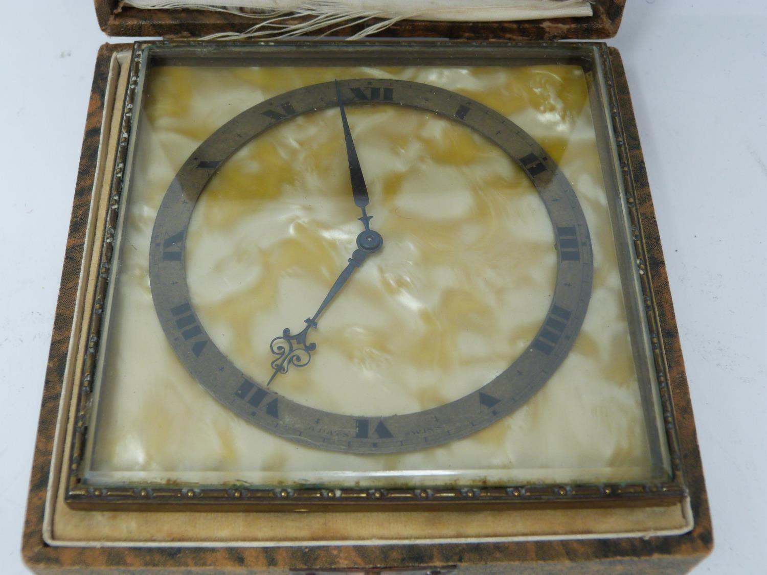 An Art Deco gilded bronze cased desk clock by Mackay & Chisholm. In its original fitted box with - Image 2 of 14