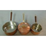 A matched set of three graduating copper saucepans. W.17cm (largest)