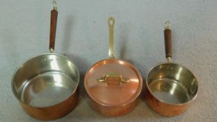 A matched set of three graduating copper saucepans. W.17cm (largest)