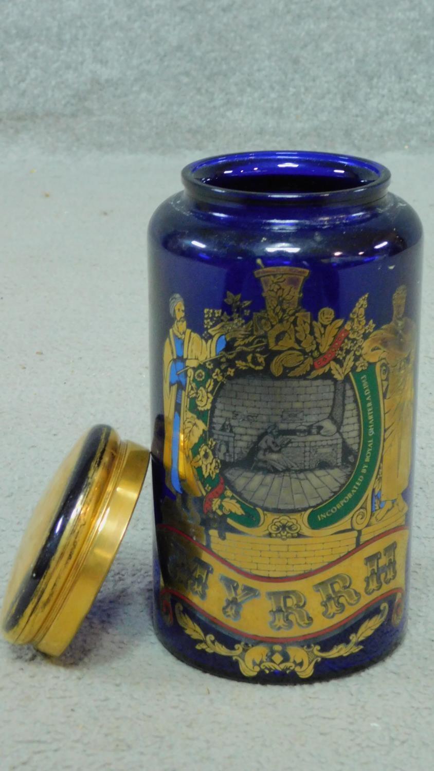 A Bristol Blue gilded glass Royal Pharmaceutical Society of Great Britain lidded Myrrh jar with - Image 2 of 7