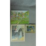 A gilt framed oil on canvas, A Queen's Life Guard on horseback, a naive country canal scene and