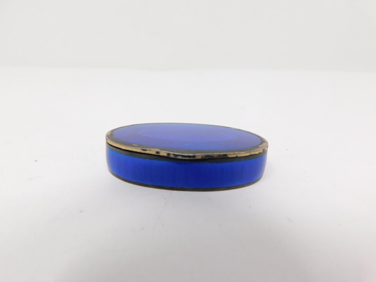 Two enamel boxes. One Continental silver royal blue guilloche enamel pill box with garland and - Image 7 of 15