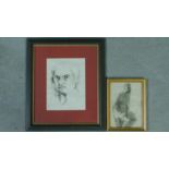 A framed and glazed pencil sketch, portrait, together with a framed and glazed ink on paper,