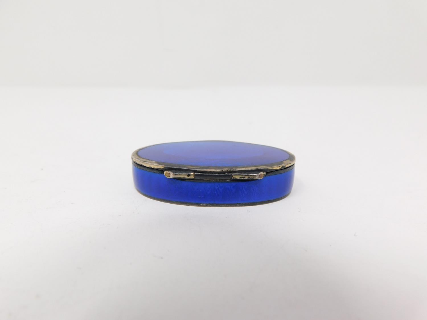 Two enamel boxes. One Continental silver royal blue guilloche enamel pill box with garland and - Image 15 of 15