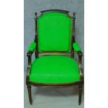 A 19th century French walnut armchair in vibrant green fabric painted upholstery. H.98cm