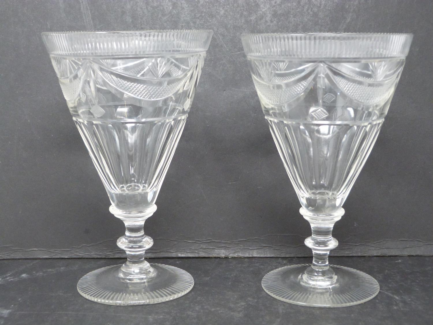 A pair of hand engraved blown glass Georgian rummers. Radiating design to the foot and rim of - Image 2 of 9