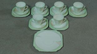 An Art Deco Duchess china hand painted abstract design tea set. Includes six cups and saucers, six