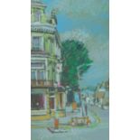 A framed and glazed pastel, cityscape, inscribed to back. Unsigned. 33x26cm