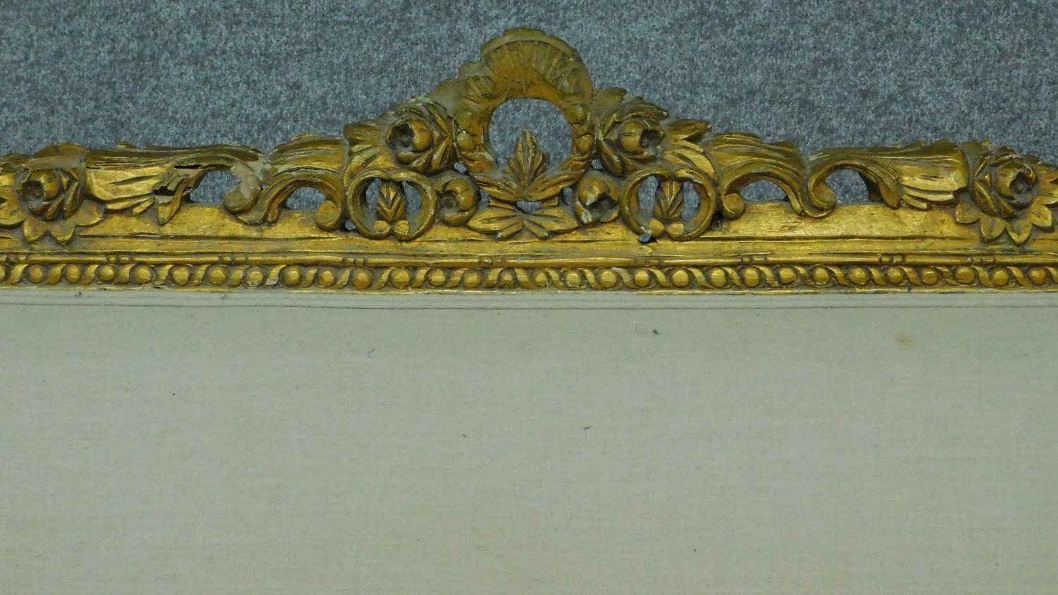 A Louis XVI style carved giltwood sofa with cream upholstery raised on turned tapering supports. H. - Image 2 of 10