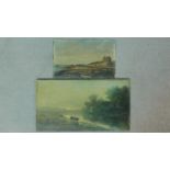 A 19th century unframed oil on board, cattle in a riverscape and another similar landscape.