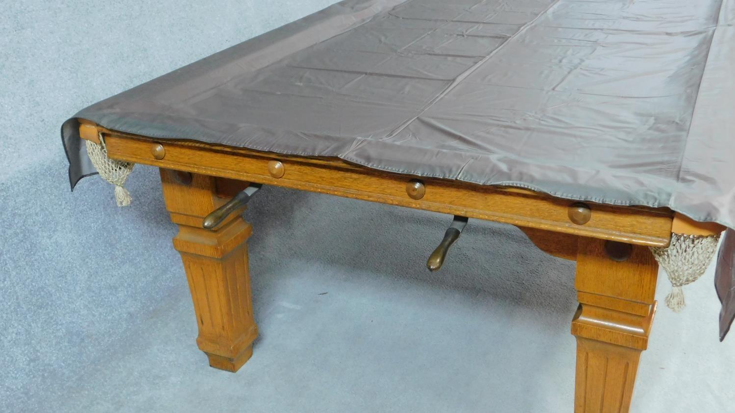A late Victorian oak three quarter size snooker table converting to a dining table with five - Image 20 of 23