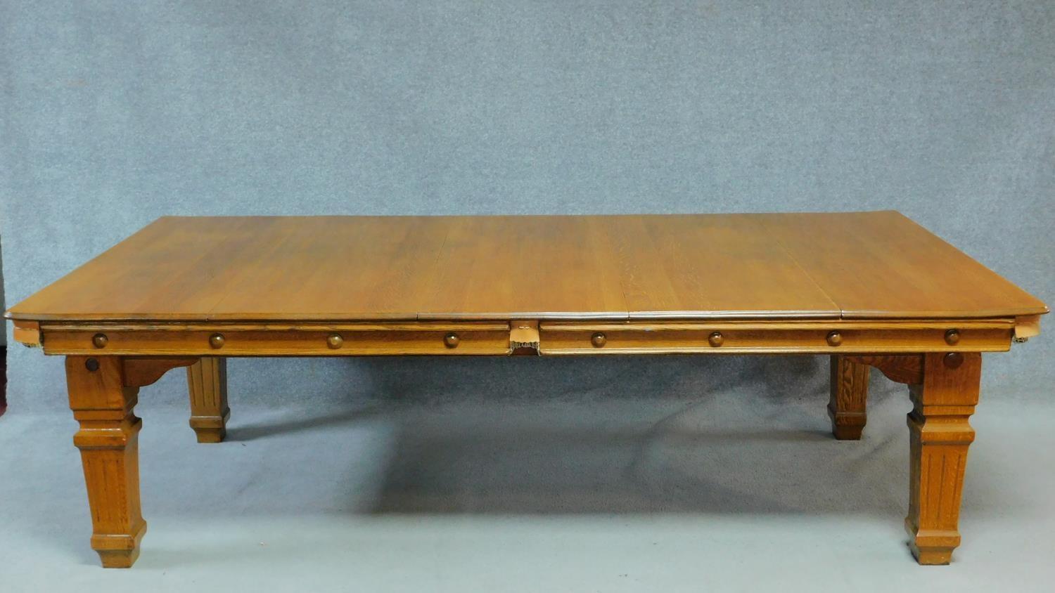 A late Victorian oak three quarter size snooker table converting to a dining table with five