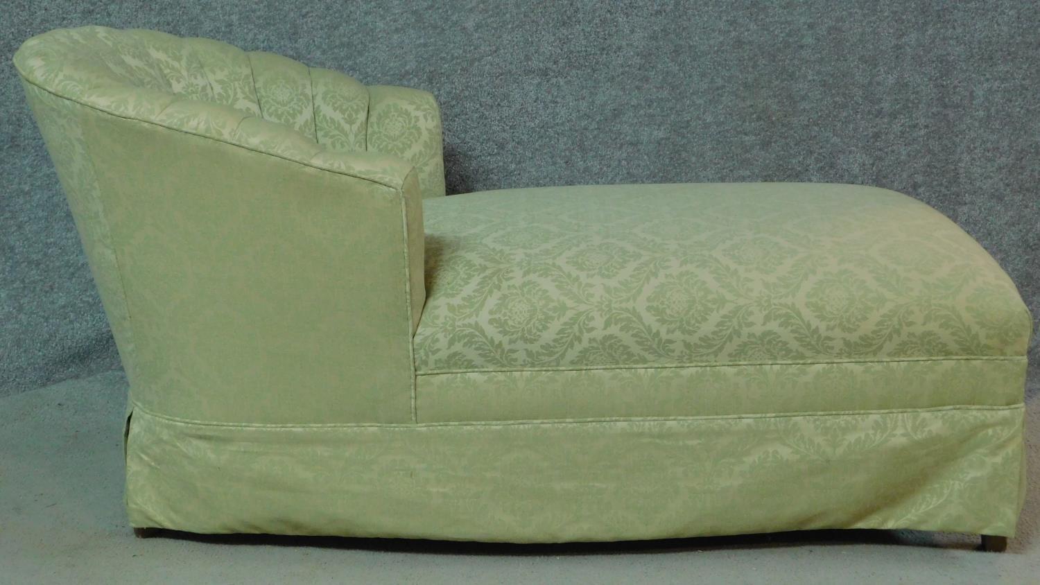 A mid 20th century day bed in scalloped pale jade damask upholstery. H.70 W.125 D.65cm - Image 2 of 4