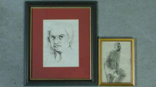 A framed and glazed pencil sketch, portrait, together with a framed and glazed ink on paper,