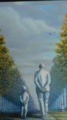 A framed oil on canvas, two figures walking, signed. 59x59cm