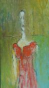 A framed oil on board, expressionist lady in red dress, signed Alan Clayden. 68x38cm