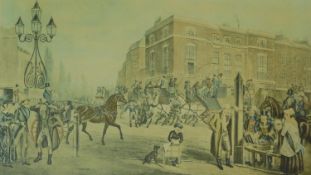 A framed and glazed coloured lithograph of Elephant and Castle, Newington, London, 1826. 80x63cm