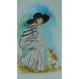 A framed and glazed watercolour, lady petting a dog, monogrammed J.K. 42x48cm