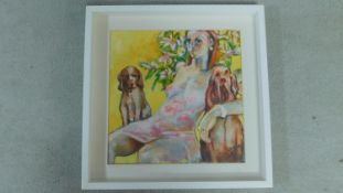 An oil on board titled 'Girl, dogs and lilies', indistinctly signed. 52x52cm