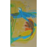 A framed and glazed vintage limited edition coloured lithograph of stylised tropical birds,