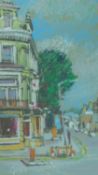 A framed and glazed pastel, cityscape, inscribed to back. Unsigned. 33x26cm