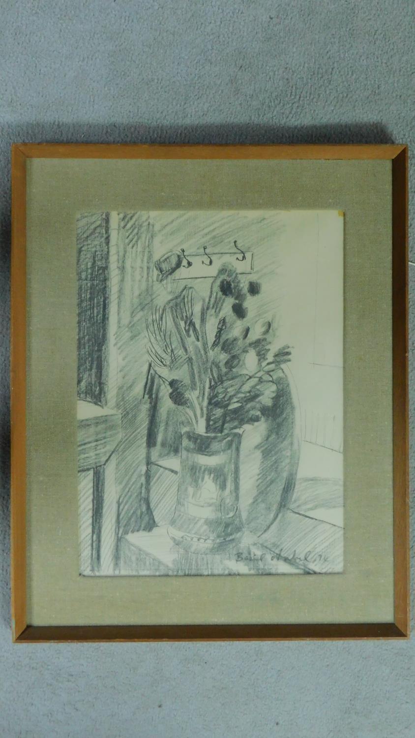 Basil Nubel (British, 1923-1981) Framed and glazed charcoal sketch, still life, gallery label verso, - Image 2 of 5