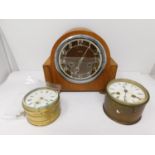 An rt Deco style oak cased electric Enfield mantle clock and and two antique brass circular ships