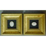 Two gilt framed plaster intaglio seals. One of a lion reclining on a rectangular plinth and a