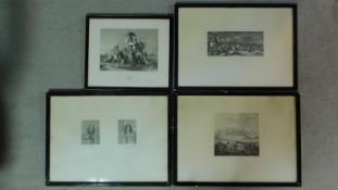 Four framed and glazed lithographs of an army, peasants and two noblemen. 65x48cm