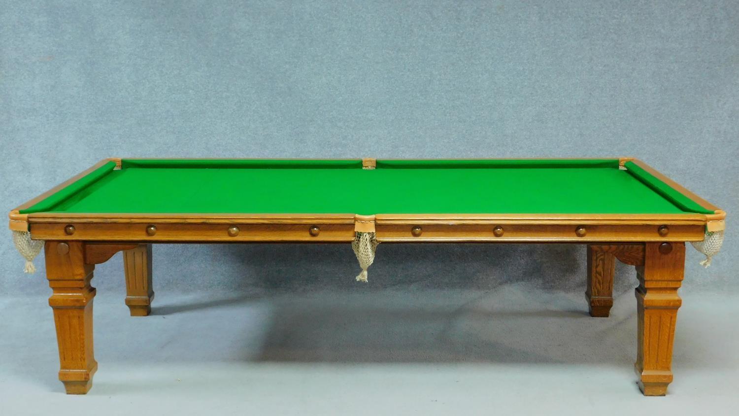 A late Victorian oak three quarter size snooker table converting to a dining table with five - Image 4 of 23