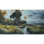 A framed and glazed watercolour, river in a landscape, signed. 70x63cm