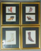 A set of gilt framed and glazed coloured lithographs of historical styles of ladies boots. 57x48cm