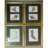 A set of gilt framed and glazed coloured lithographs of historical styles of ladies boots. 57x48cm