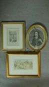 Three framed and glazed lithographs of different subjects, one hand coloured. 34x25cm (largest)