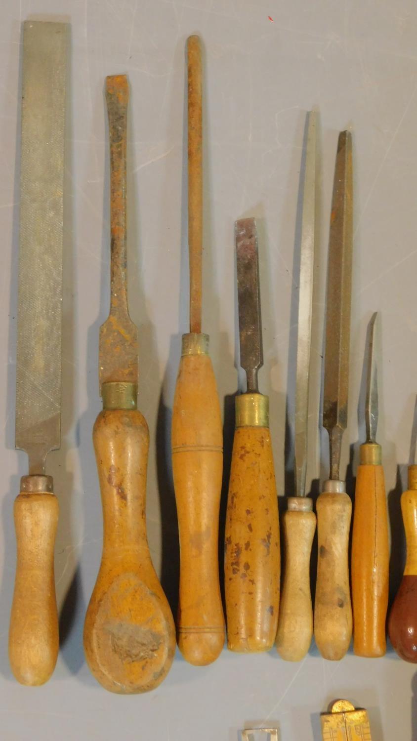 A collection of antique woodworking tools. Including a vintage Maples of Sheffield brass inlaid - Image 5 of 5