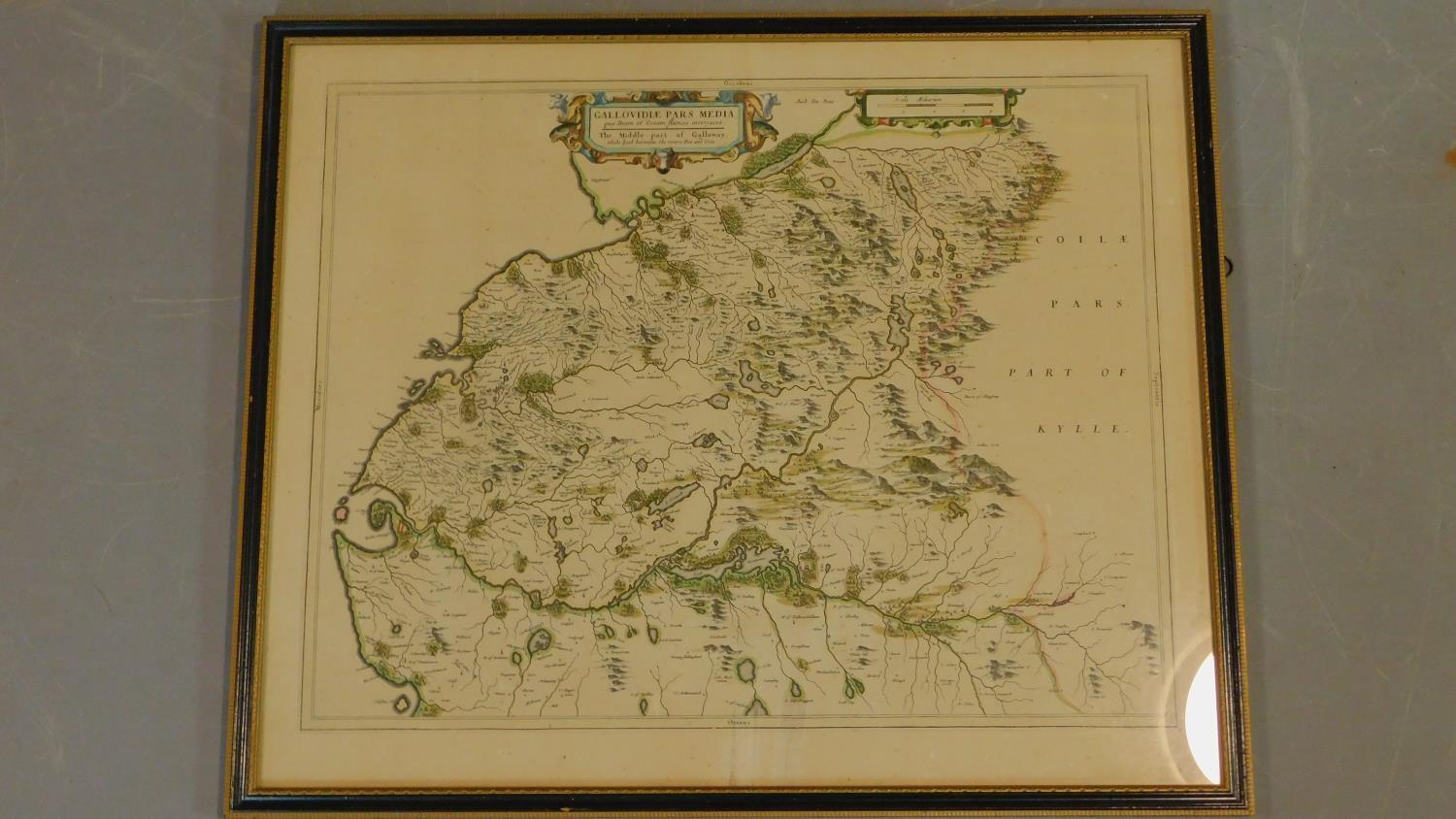A framed and glazed antique hand coloured map of Galloway. H.52 W.63cm